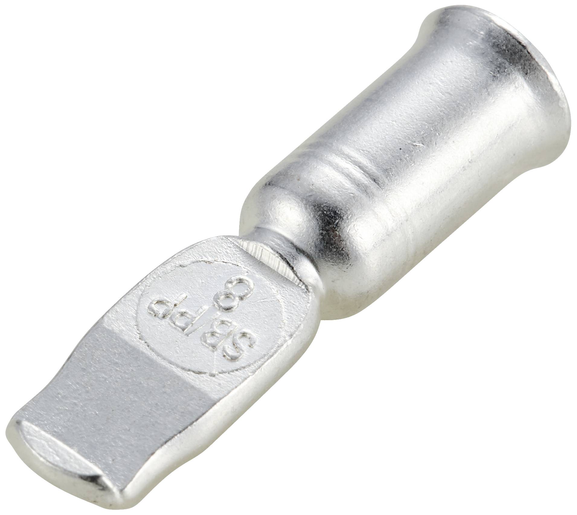 Metallic cable lug, cylindrical, with a flat connection end. Suitable for securing cables to terminals or devices.