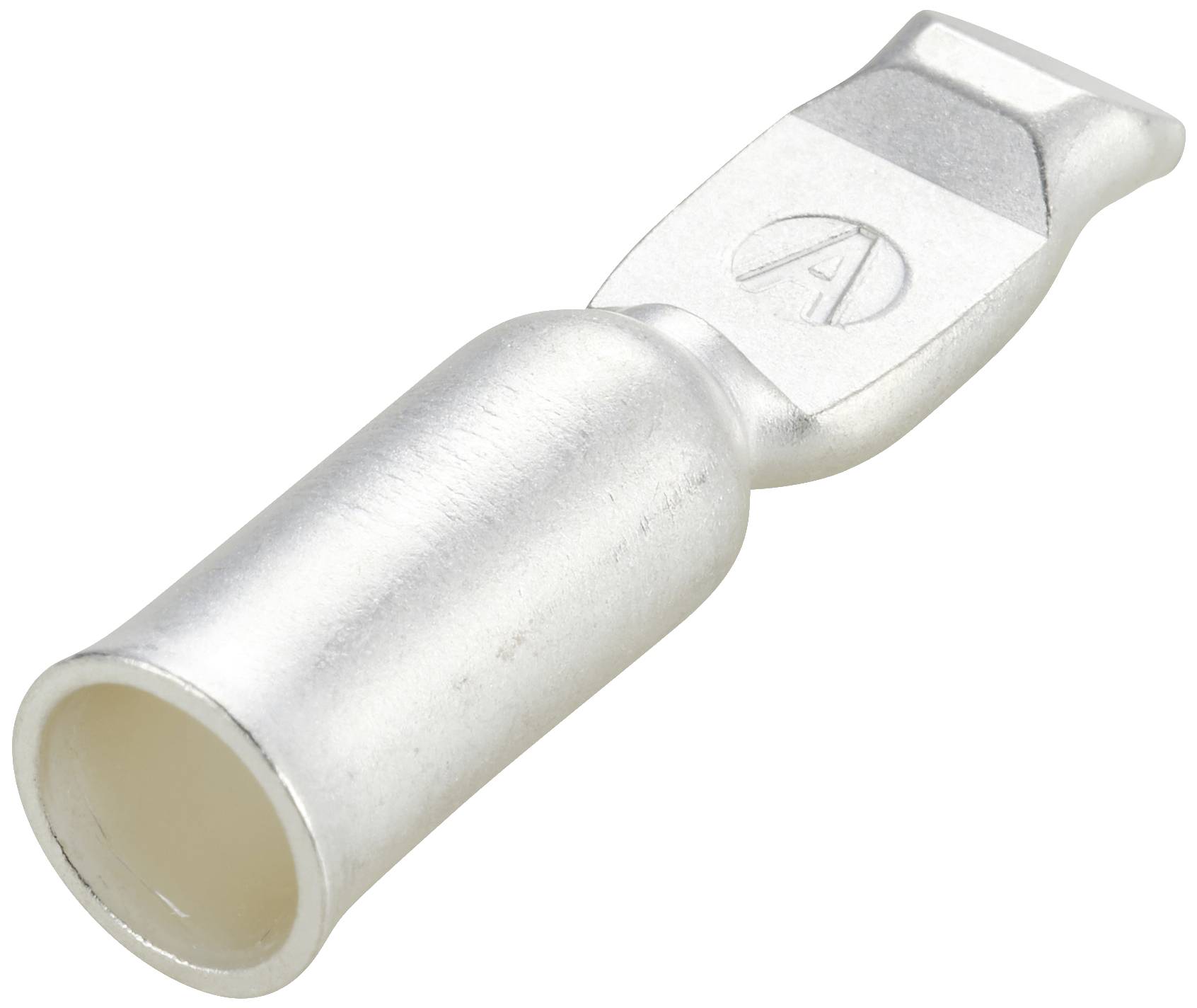 A silver-coloured cable lug with a flat plug connection, used for electrical connections.