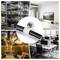 Collage showing a white cable connector in the center, with warehouse shelving, a modern living room TV, an outdoor lit patio tree, and an office workspace around it.