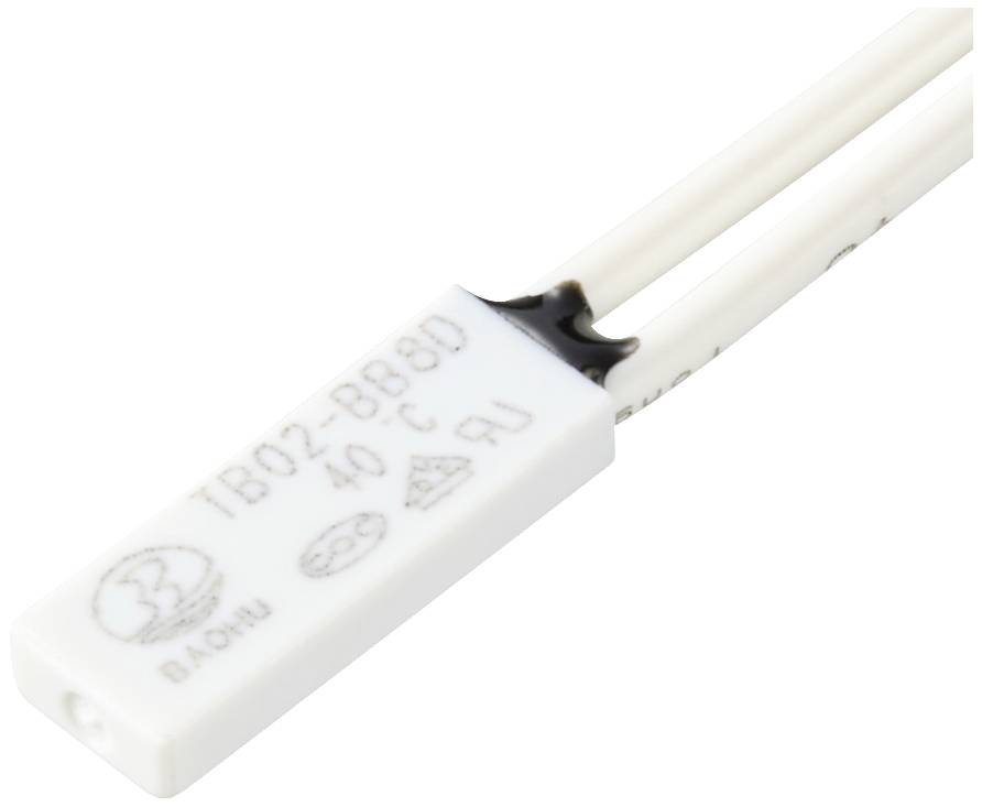A rectangular, flat temperature regulator with the inscription 'TB02-BB8D 40°C', connected to two white wires.