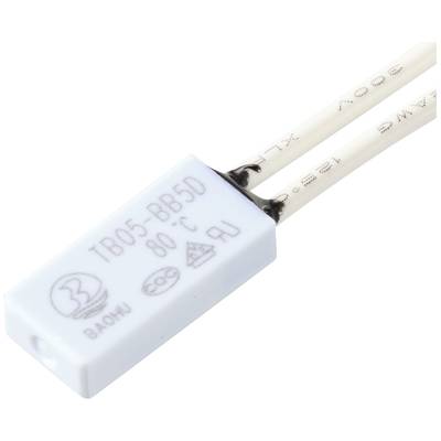 A rectangular temperature switch with two white wires, marked 'TB05-BB5D 80°C', intended for electrical protection circuits.
