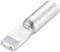 Silver flat electrical connector for connecting electrical lines, detailed view shows the connection end.