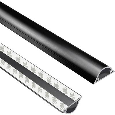 'Black cable cover with adhesive backing, featuring a semi-circular design for organizing and concealing cables on flat surfaces.'