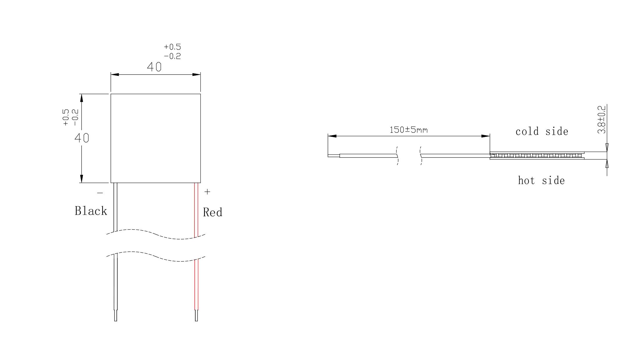 Technical drawing of a square Peltier element with dimensions 40x40 mm. Shows connection wires, polarity, and temperature sides.