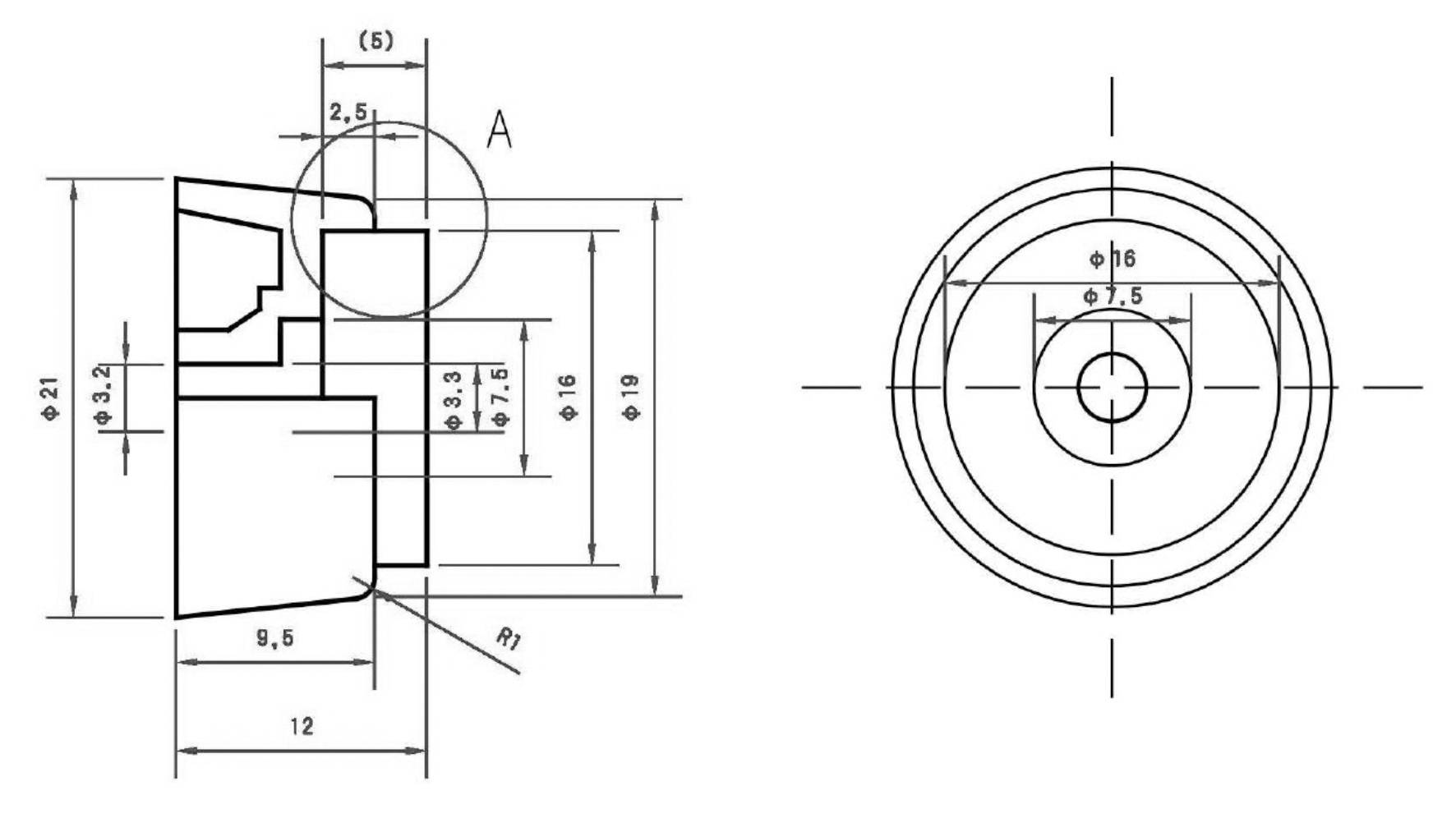 Technical drawing of a cylindrical component with detailed view. Dimensional specifications include diameter and distances.