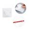 Cable management clip with adhesive backing being peeled; shows red cables neatly organized using the clips on a surface.