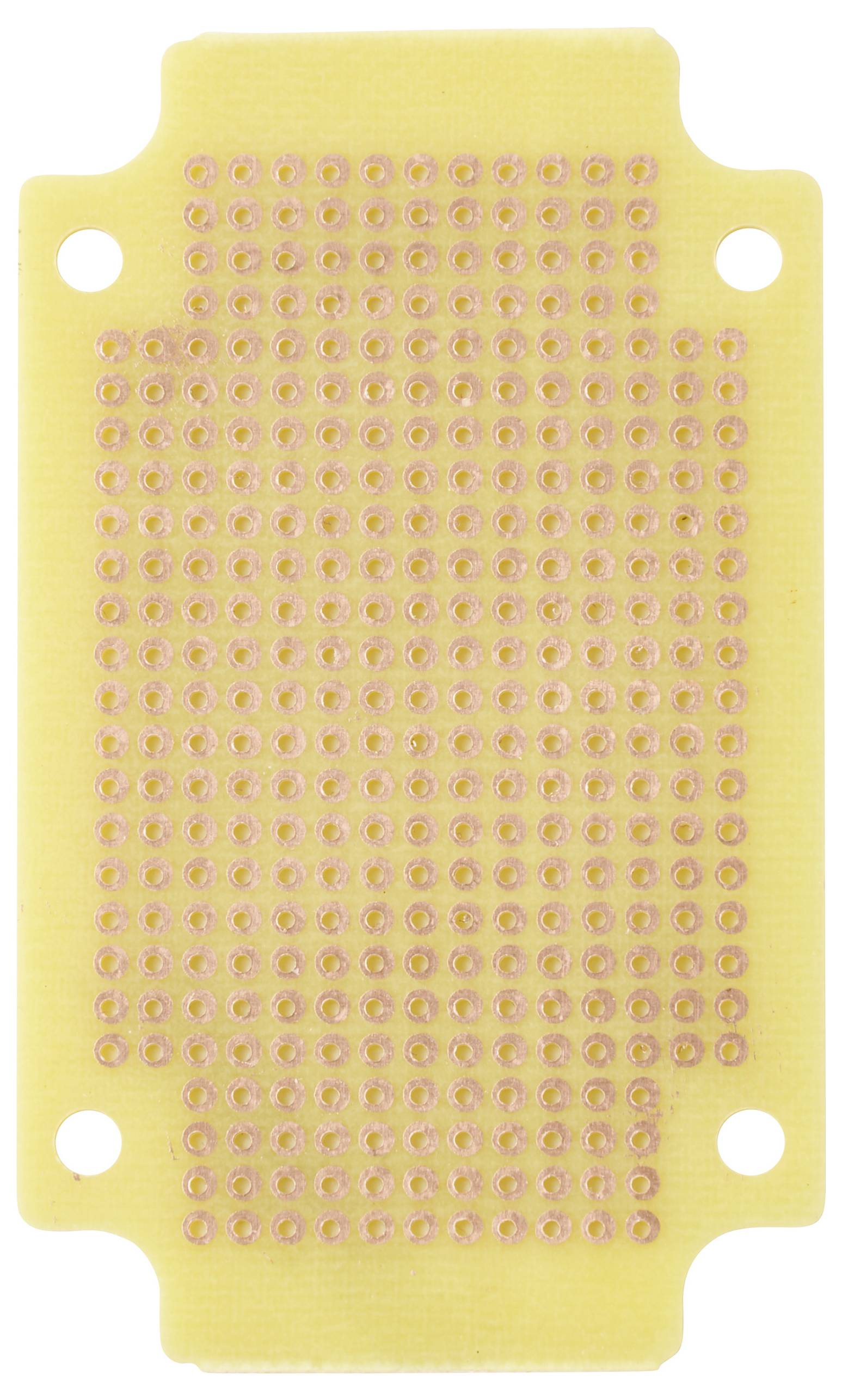 A rectangular, yellow perforated circuit board with rows of evenly spaced holes, used for electronic prototyping.