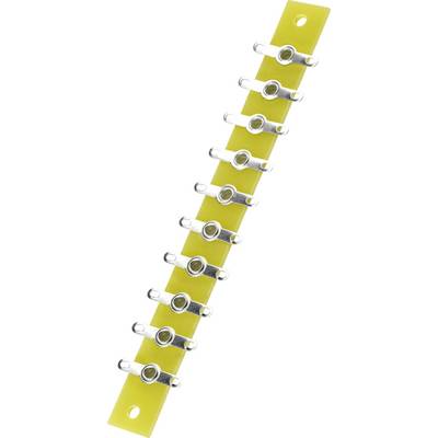 Yellow insulation rail with ten metal terminals, diagonally aligned. Used for earthing in electrical circuits.