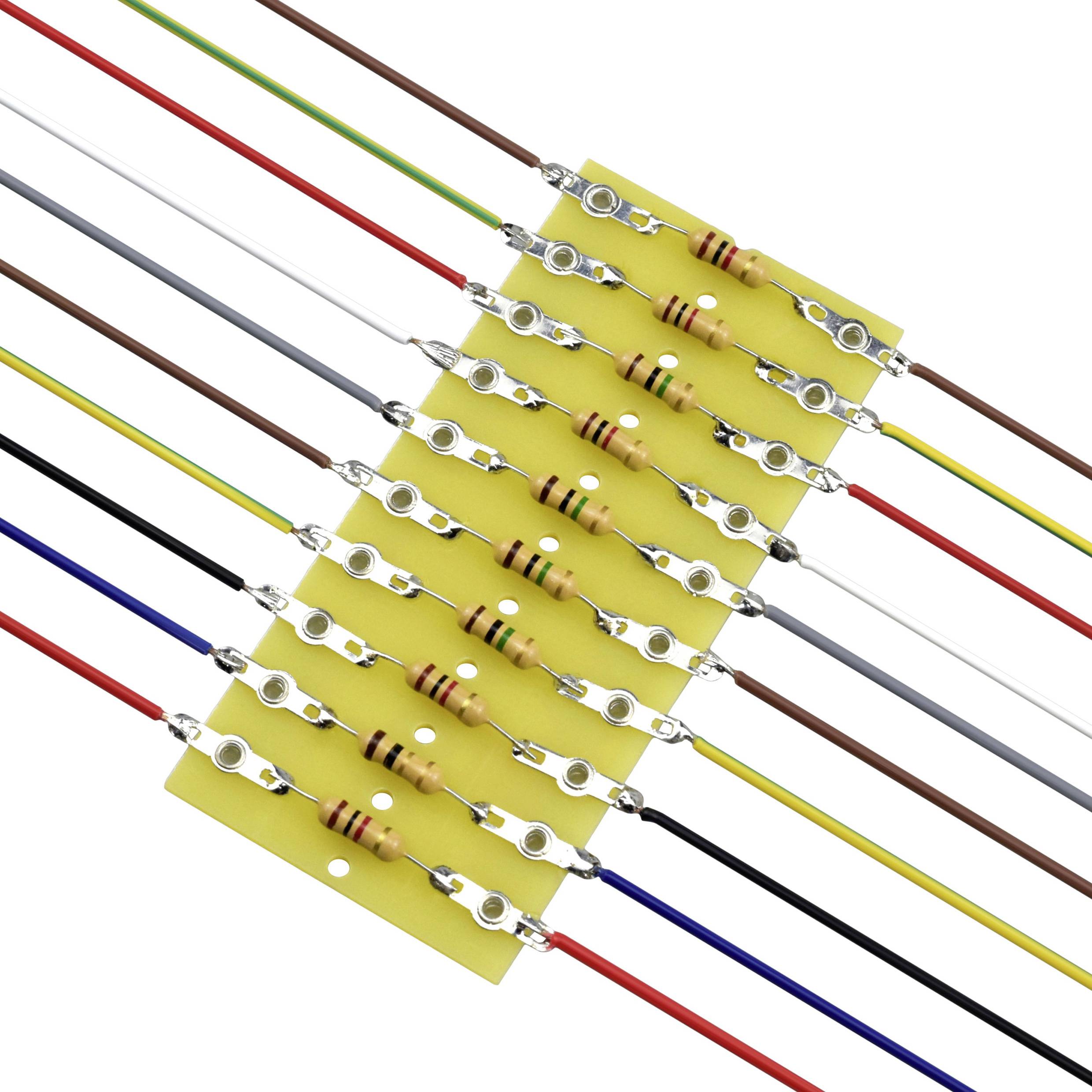 Several resistors are mounted on a yellow circuit board with colourful, connected wires in parallel rows.