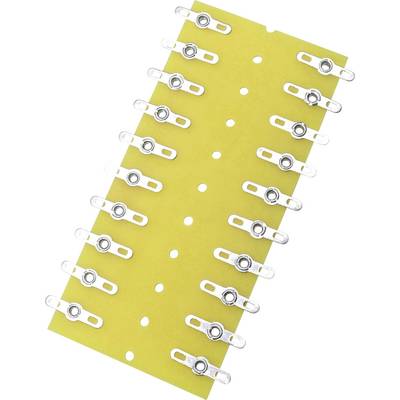 Yellow circuit board with 16 metal elements arranged in two rows. Each element has an eyelet in the centre.