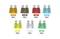 Image shows various automotive fuses with colour code: 5A (orange), 7.5A (brown), 10A (red), 15A (blue), 20A (yellow), 25A (clear), 30A (green), 10 pieces each.