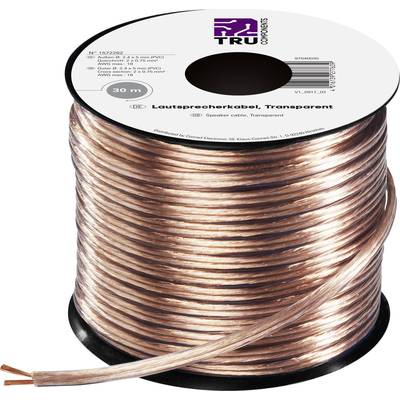 A roll of transparent speaker cable, 30 metres long, by 'TRU COMPONENTS'. The cable is suitable for connecting audio devices.