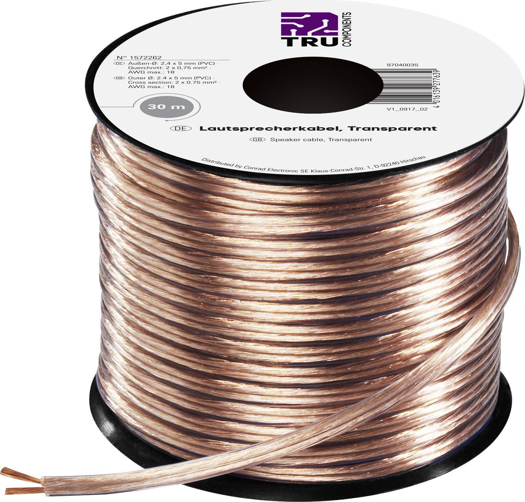 TRU COMPONENTS 1572262 Speaker cable 2 x 0.75 mm² Transparent 30 m