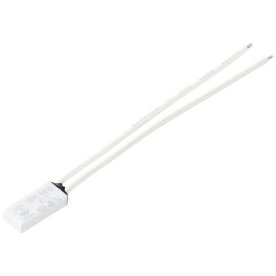 A white electrical capacitor with two protruding cables. Generally used to store electrical charges.
