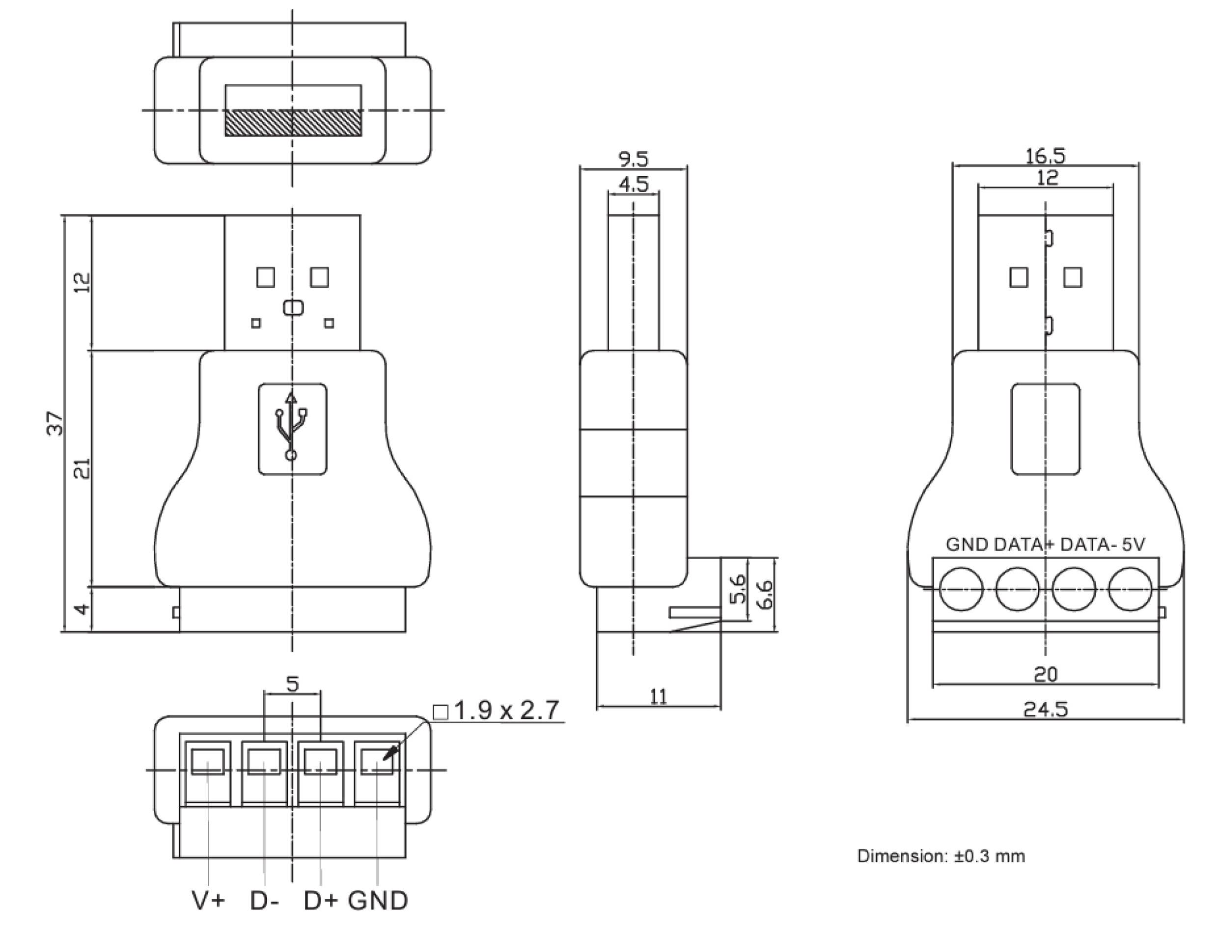 Technical drawing of a USB plug with dimensions. Side view shows 24.5 mm width, 16.5 mm height. Pin configuration: V+, D-, D+, GND.