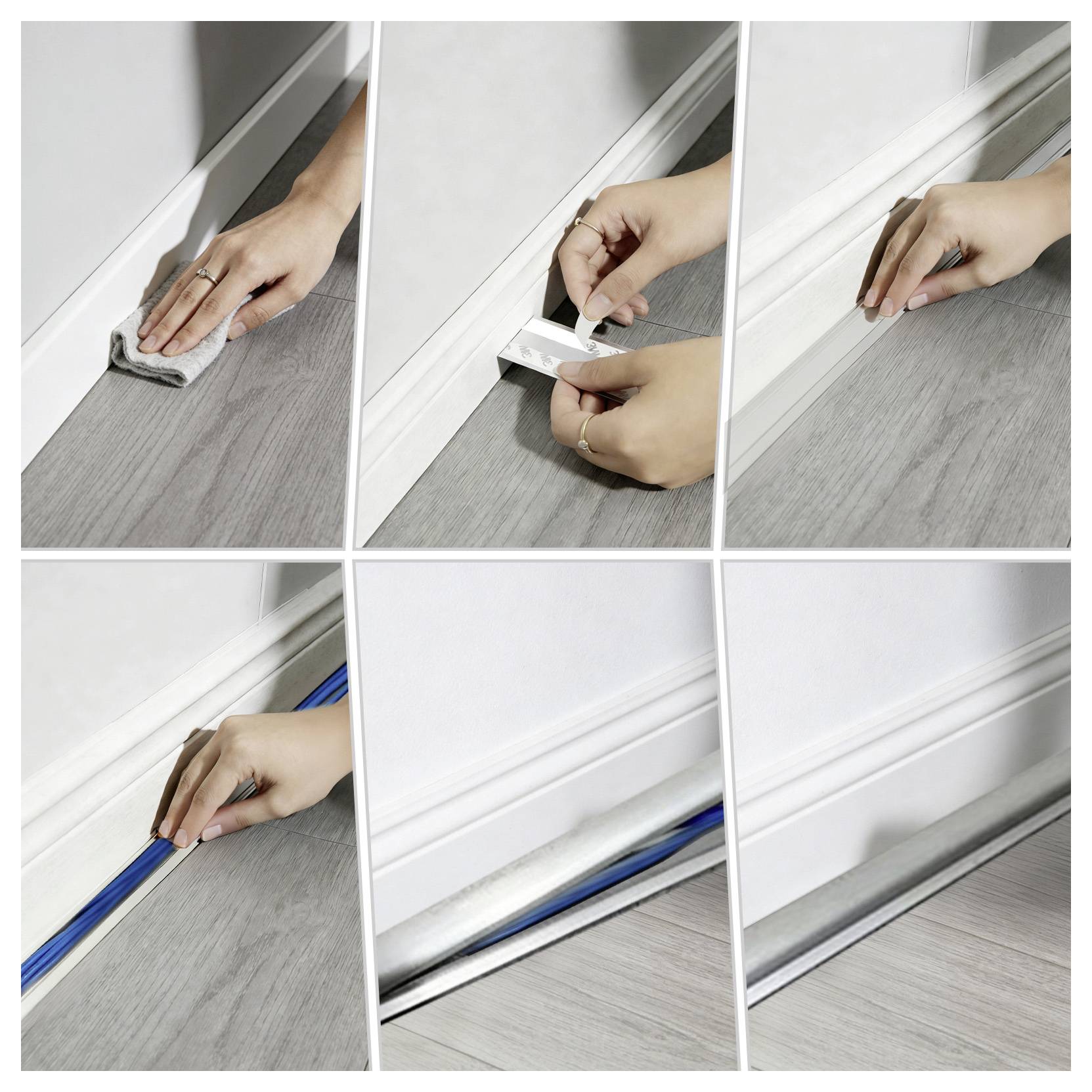 'A series of six images showing the installation of a draft stopper for baseboards. Steps include positioning, applying tape, and sealing fabric.'