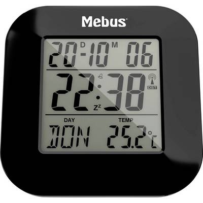 Digital clock displaying '20-10 M 06', time '22:38', day 'DON', temperature '25.2°C', with a black frame and brand name 'Mebus'.