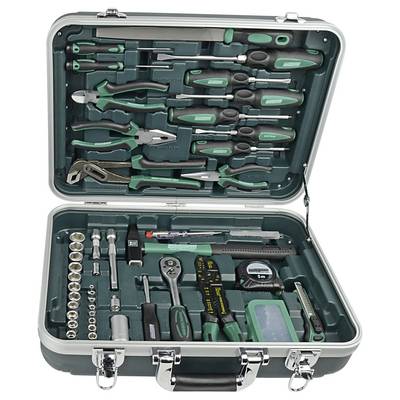An open toolbox displaying a set of assorted tools, including pliers, wrenches, screwdrivers, and a measuring tape, organized neatly in a green and black case.