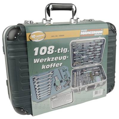 A green hard-shell toolbox displaying '108-tlg. Werkzeugkoffer', containing various tools such as wrenches and screwdrivers, with branding.