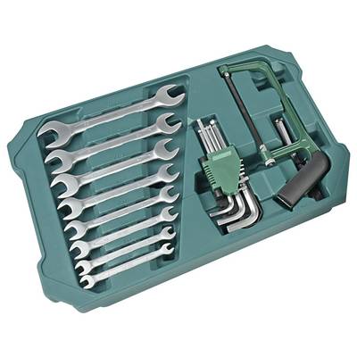 'A set of metal wrenches and hex keys arranged in a green plastic tray, alongside a small green hacksaw with a black handle.'