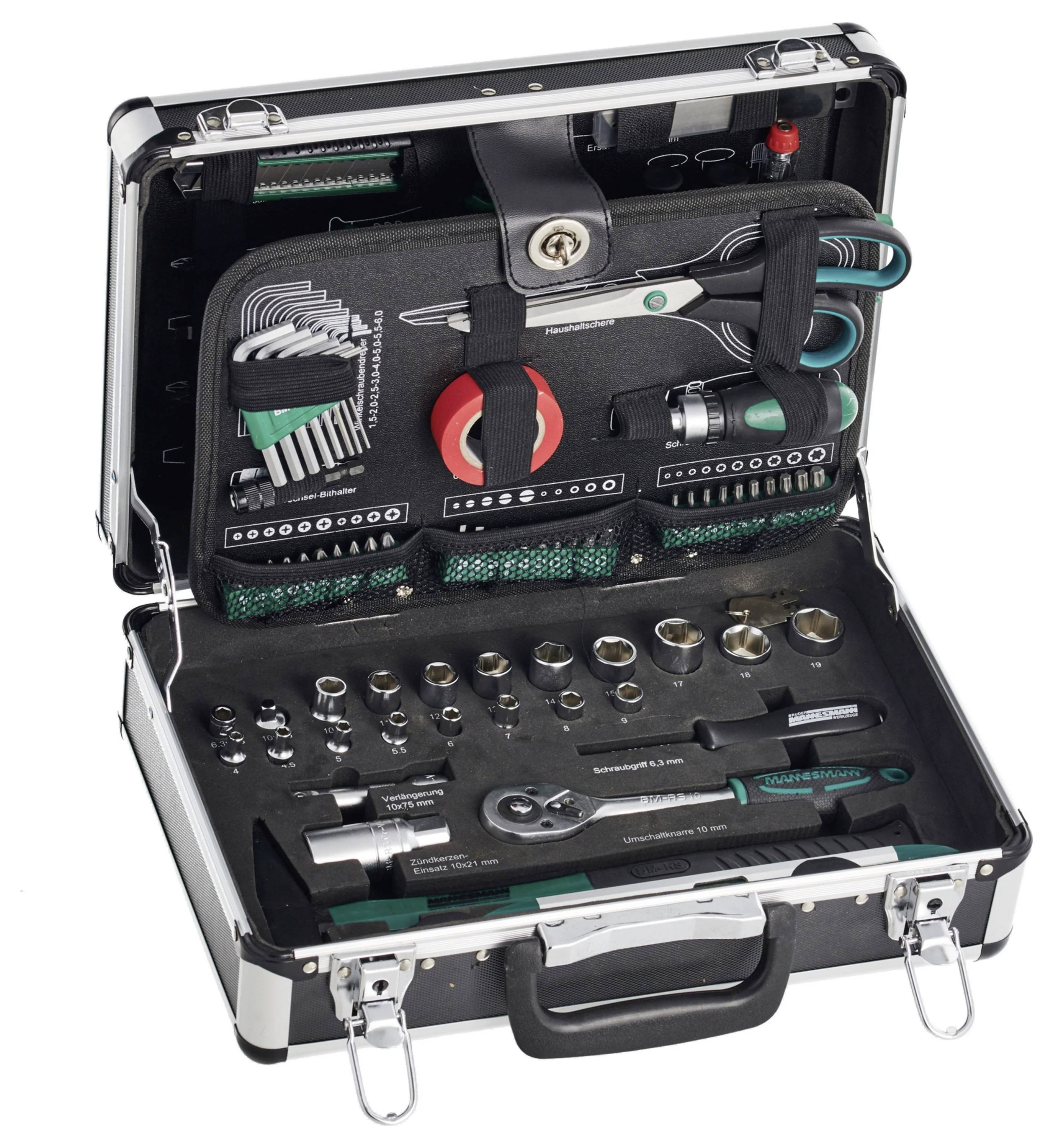 An open toolbox displays various tools: spanners, pliers, screwdrivers and socket attachments, neatly arranged.