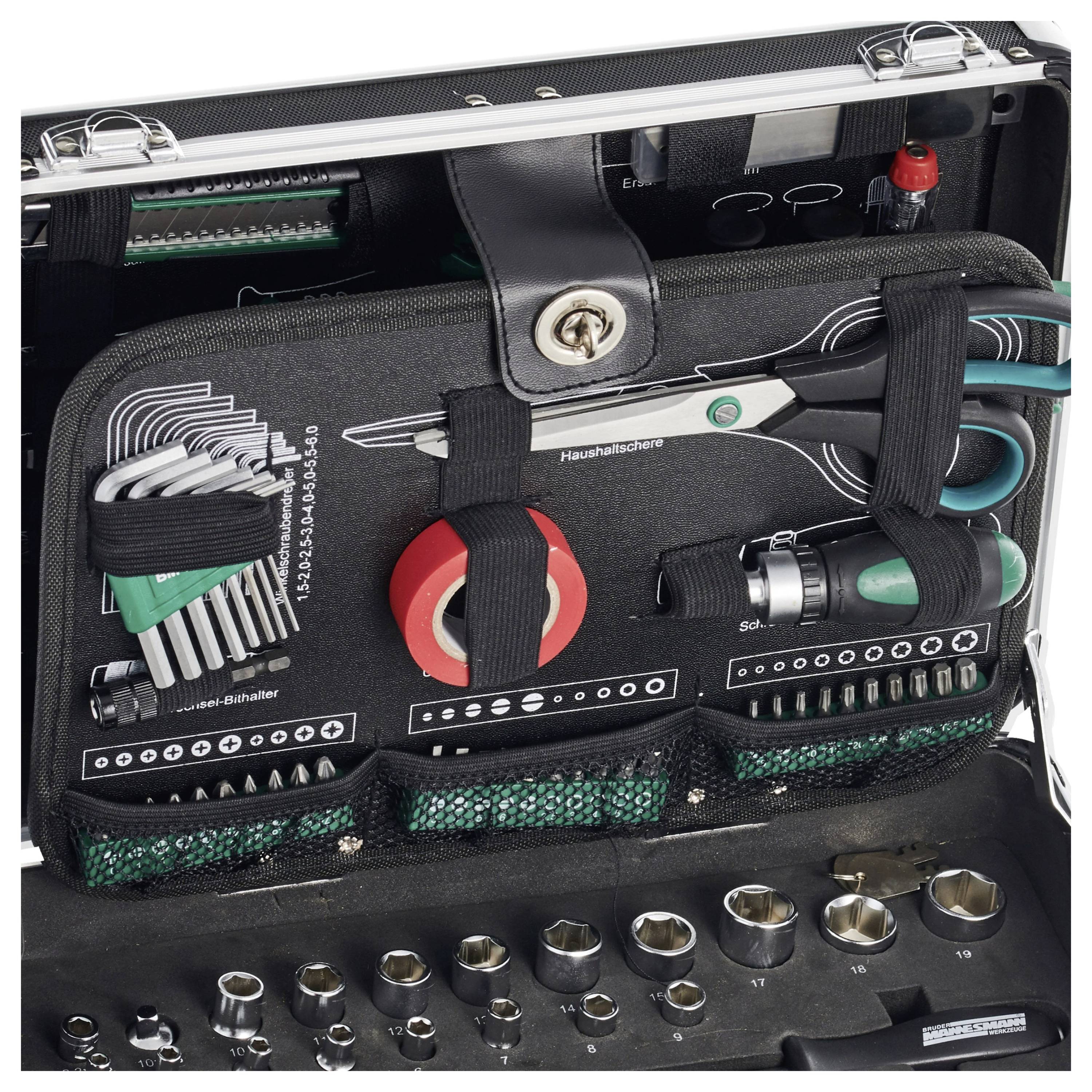 An open toolbox displays a set of hand tools, including spanners, scissors, socket wrenches, and adhesive tape.