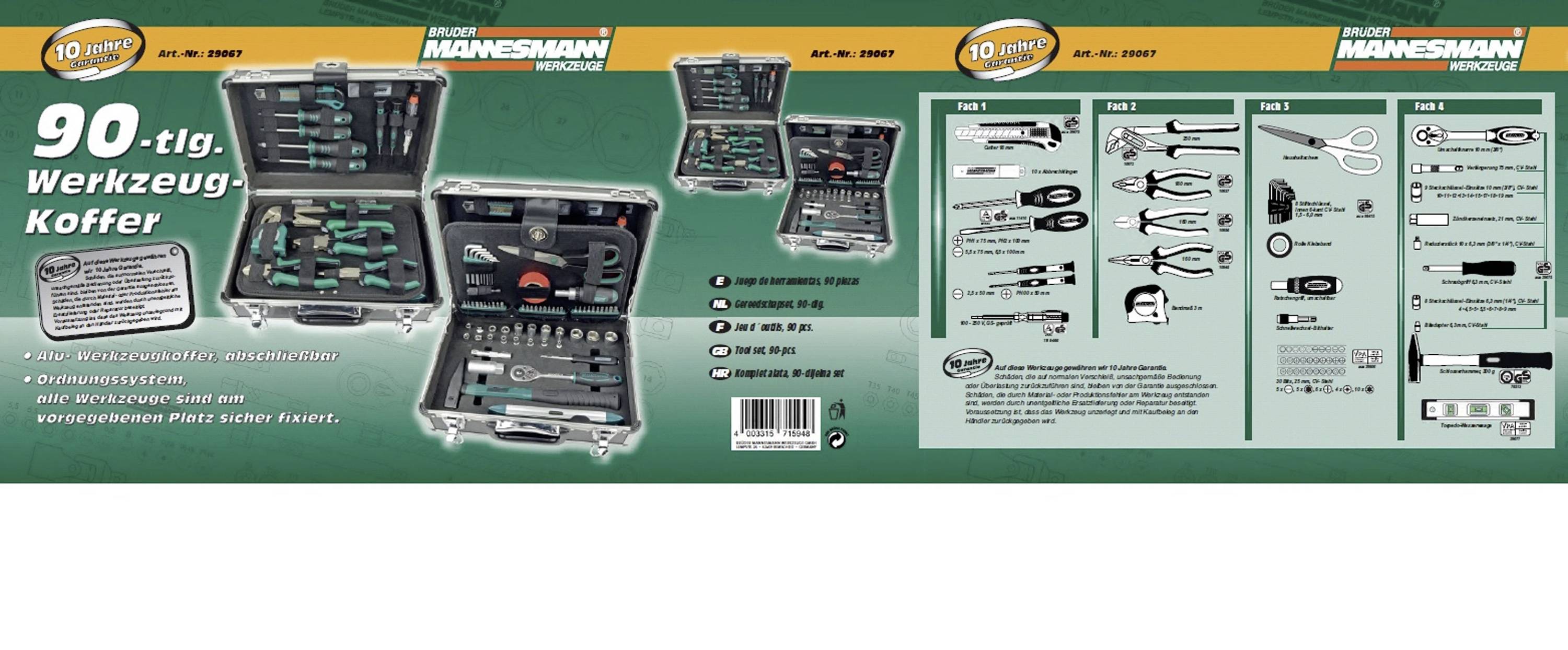 '90-Piece Tool Kit' on a green background. Image shows the open case with tools and a list of included tools on the right side.