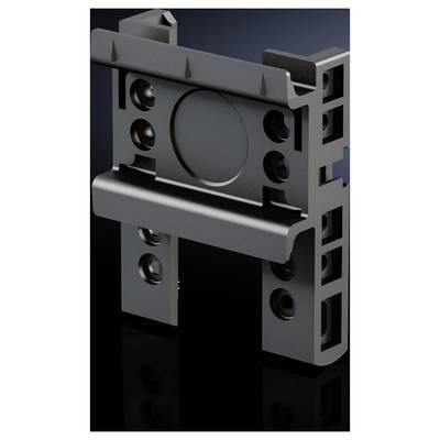 A black plastic component with multiple holes and slotted recesses, likely a technical part or mounting bracket.