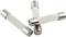 Three white tubular fuses with metallic end caps are lying crosswise on a white surface.