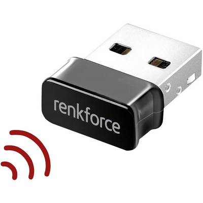 A small, black USB Wi-Fi adapter with the 'Renkforce' logo on the front and a red Wi-Fi symbol next to it.