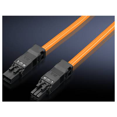 Two orange power cables with black plugs on a dark background. Cables are labelled 'L' and 'N'.