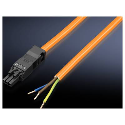 'Orange cable strand with three open ends: brown, blue and green-yellow, and a black plug, marked with L and N.'