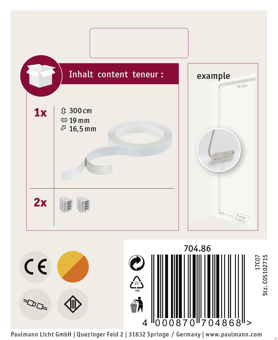 Packaging reverse shows product contents: 1x Strip, 2x Plugs. Dimensions: 300cm x 19mm x 16.5mm. CE marking, barcode.