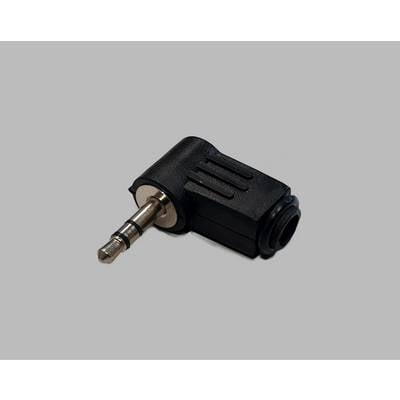 'Jack plug adapter, black, rectangular, with 3.5mm socket and plug. Used for converting connection interfaces on audio devices.'