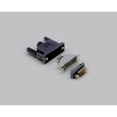 'A dismantled multi-pole plug with housing, terminal and metal pins on a grey background, to illustrate electrical components.'