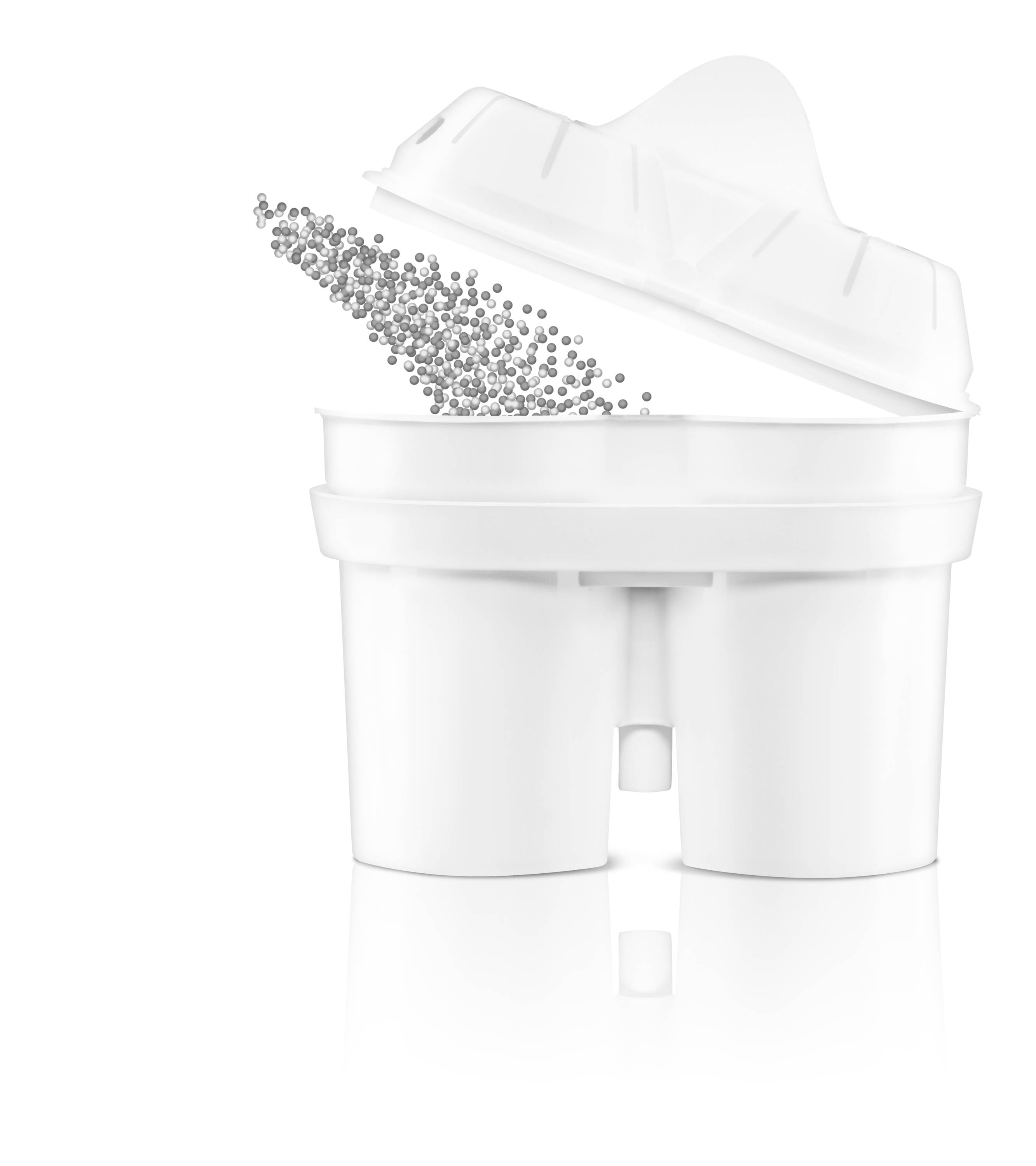 A white container with an open lid, showing silver spheres pouring out, suggesting a product related to storage or filtration.