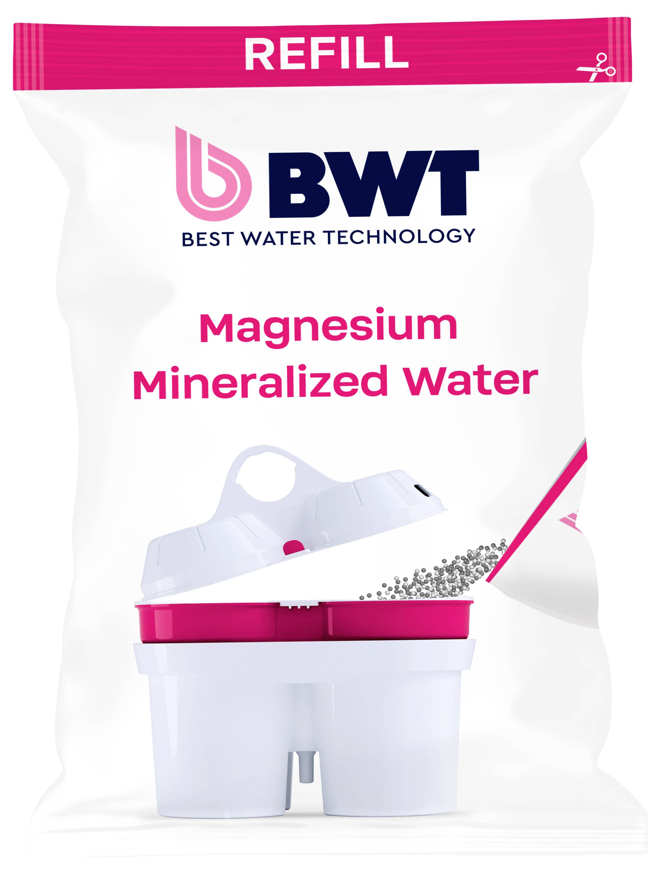 'BWT refill pack for magnesium mineralized water system, showing a filter with magnesium being poured, labeled, "Best Water Technology."'