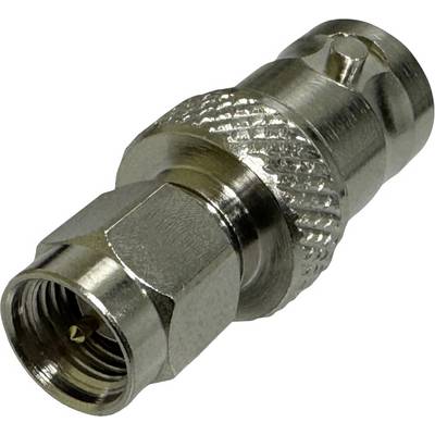 A silver coaxial adapter with a ribbed surface that connects electrical signals. Suitable for transmitting TV or antenna signals.