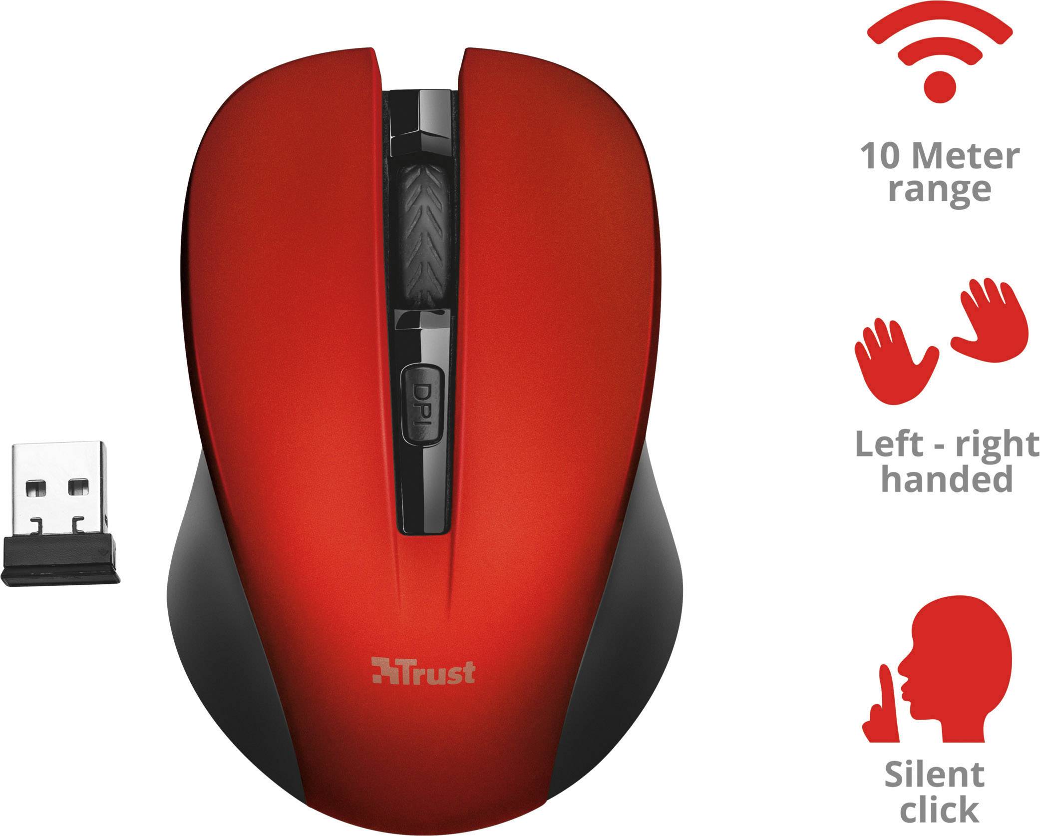 Trust Mydo Silent Click Mouse Radio Optical Red 4 Buttons 1800 dpi-6
