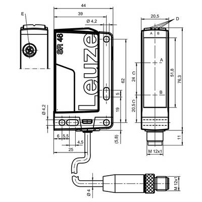 Technical drawing of an Eltuze SR 46 device with front, side, and detail views, showing dimensions and M12x1 connector specifications.
