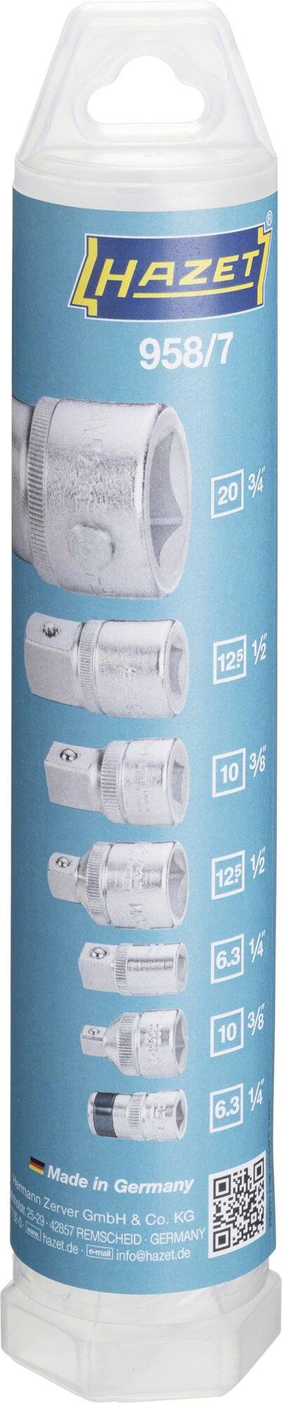 Packaging with the 'Hazet' label, showing a series of socket wrenches in various sizes ranging from 6.5 to 22 mm. 'Made in Germany'.