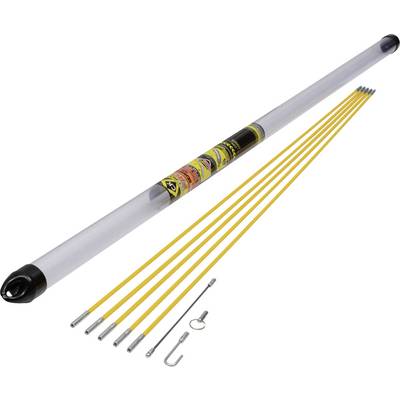 Yellow cable pulling set with multiple flexible rods, securing hooks, and connecting parts, used for cable installation.