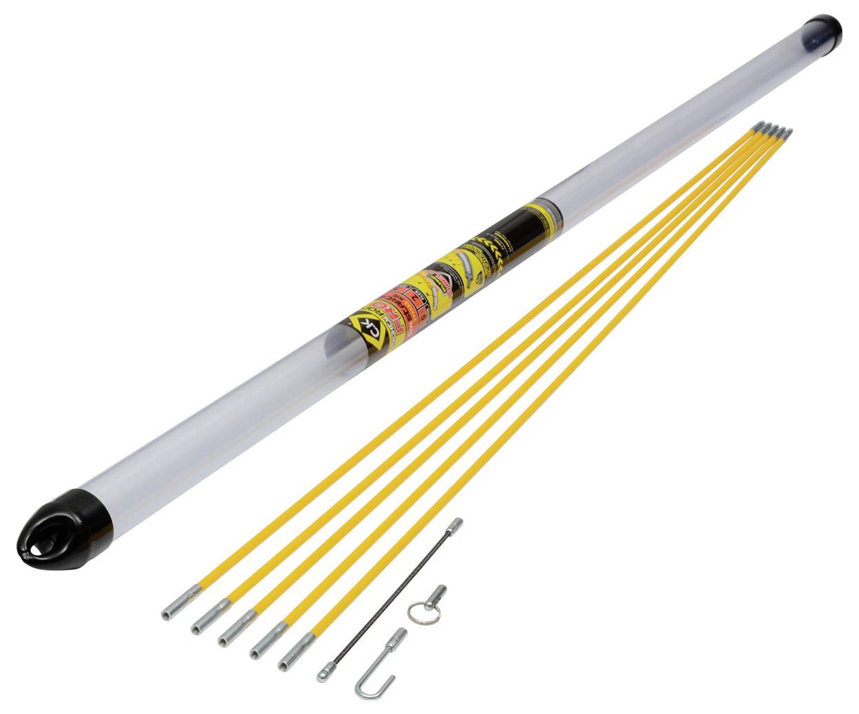 Long, transparent tube with yellow rods and metal hooks, used for physics experiments or as a construction tool.