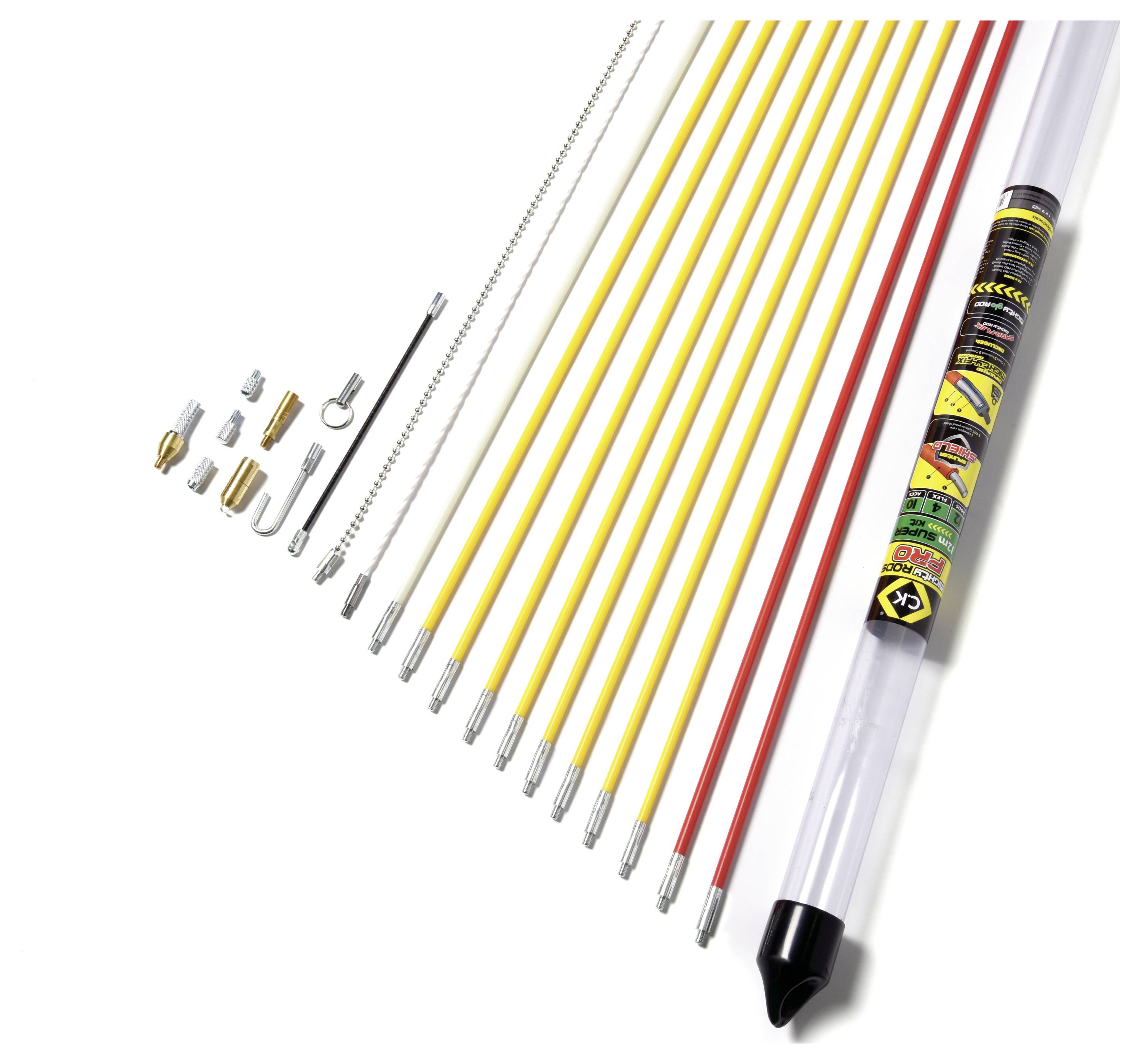 Multi-coloured set of electrical installation tools, comprising rods of varying lengths and accessory parts.