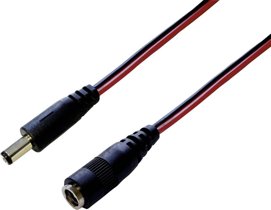 Two black cables with red stripes and plugs. One with a male and one with a female DC connector.