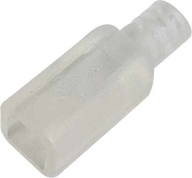 A translucent cable lug, rectangular in shape with rounded edges, is used for insulating and connecting electrical cables.