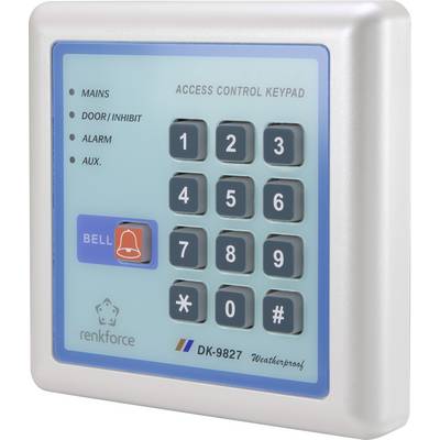 Access control keypad with numeric keypad, button with bell symbol and brand name 'renkforce'. Model DK-9827, weatherproof.
