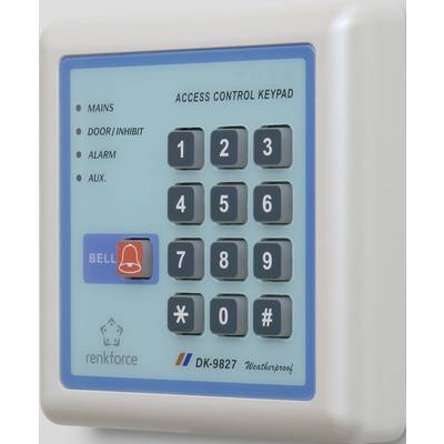Access control keypad with numeric keypad and bell symbol. Functions: 'Mains', 'Door Inhibit', 'Alarm', 'Aux'.