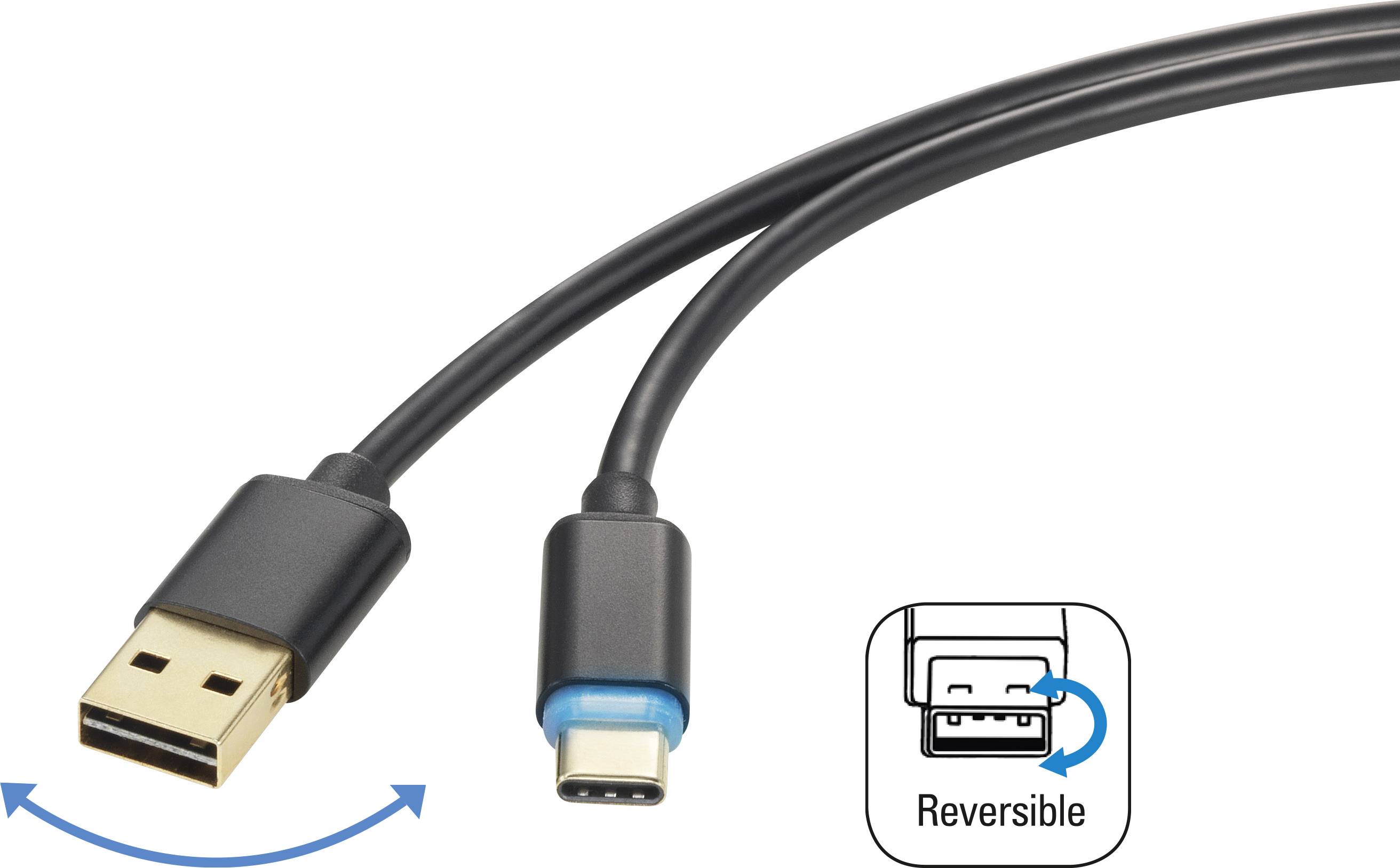 Renkforce USB cable USB 2.0 USB-A plug, USB-C® plug 1.50 m Black Duplex use connector RF-4758090