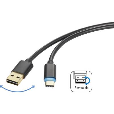 A USB port and a USB-C plug. A symbol indicates that the USB-C plug is reversible, allowing it to be inserted either way round.